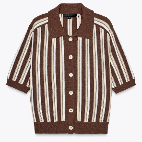 Zara Striped Polo Cardigan Brown/ Tan / White NWT - Picture 5 of 7